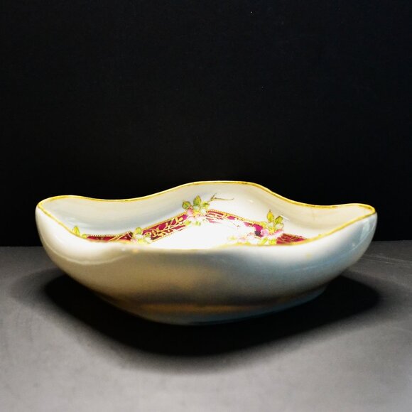 Antique Hand-Painted Nippon Square Dish Floral Ribbon Border Gold Trim Japan - Picture 3 of 7